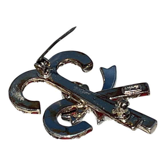 Monet Red and Silver Candy Cane Brooch Vintage Rhinestones 2” long - Picture 6 of 9